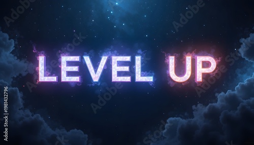 Glowing neon level up text in space.