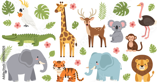 Cute Jungle Animals Collection with Elephant, Giraffe, Lion, Tiger, Monkey, Crocodile, and Bird, Colorful Wildlife Cartoon Set for Kids Illustration Design