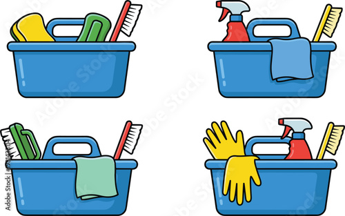 Cleaning supplies bucket set illustration with brushes spray bottles gloves and sponges, household sanitation tools and home maintenance concept