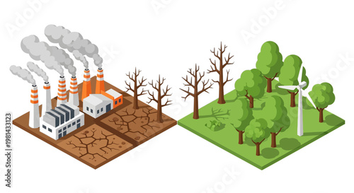 Isometric Climate Change Illustration, Industrial Factory Pollution vs Green Forest and Renewable Wind Energy.