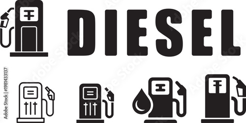 Diesel fuel pump icon set, black gas station vector symbols, industrial petroleum refueling signs, automotive energy supply graphics