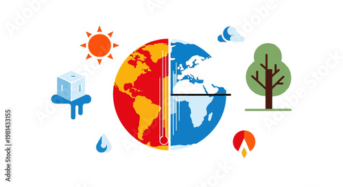 Climate Change Crisis Vector, Global Warming Concept with Thermometer and Extreme Temperature Effects on Earth