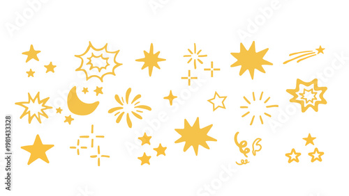 Set of yellow hand drawn stars and moon doodles on white background