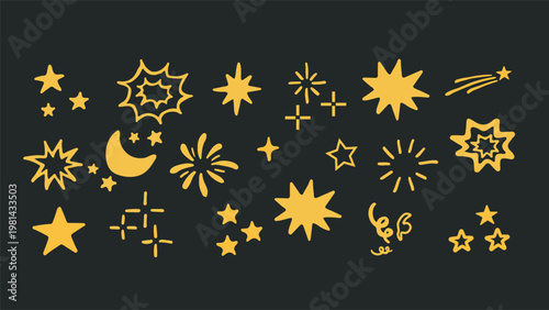 Editable vector Set of  yellow hand drawn stars and crescent moon on dark background