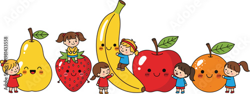 Cute Cartoon Kids with Happy Fruits Characters, Children Playing Around Apple, Banana, Strawberry, Pear, and Orange, Fun Healthy Food Illustration