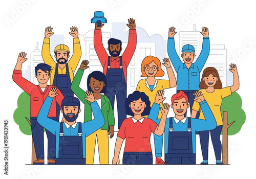 Diverse group of happy workers celebrating.