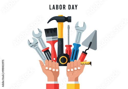 Hands holding various work tools Labor.