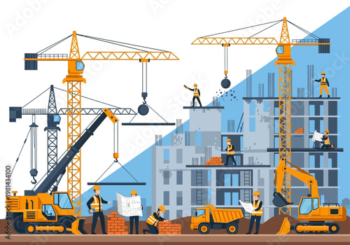 Construction workers on a building site.