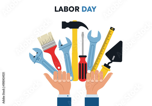 Hands holding various work tools up.