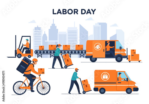 Delivery workers with packages and vehicles.