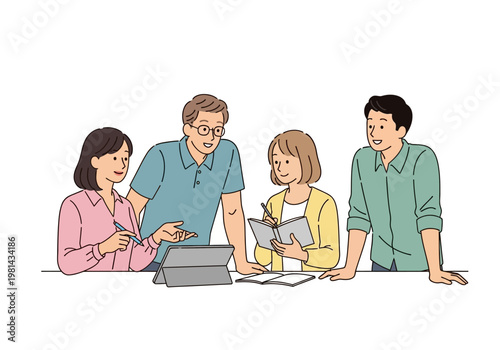 Four people sitting at table together.