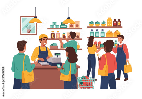 People Working at Retail Store Counter.