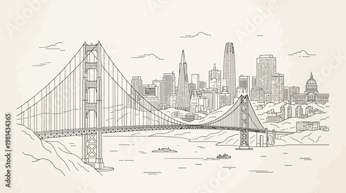 San Francisco Skyline Line Art with Golden Gate Bridge Minimalist Vector Illustration
