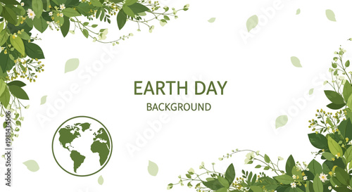 Eco-conscious Earth Day social media design featuring a vector illustration frame with a globe icon, set against a clean white background and adorned with green foliage, creating a visually
