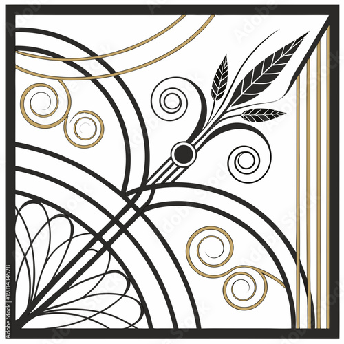 A black and gold art deco design with a feather and circles