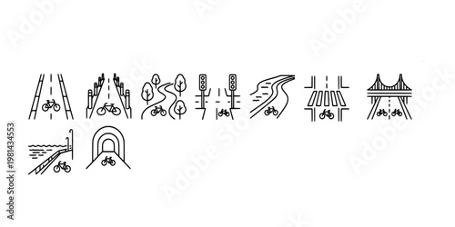 icon set collection of bicycle infrastructure including bike lanes, bridges, tunnels, paths, and traffic signals for urban cycling navigation systems.