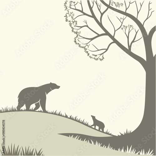 A mother bear and her cub exploring a grassy hill