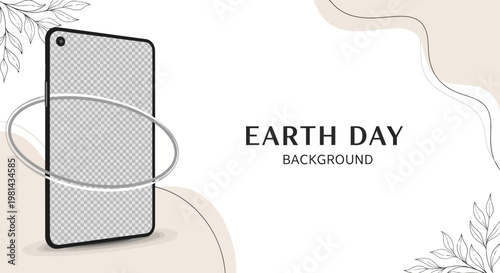 A minimalist Earth Day social media template features a stylized globe orbiting a smartphone with a placeholder screen, presented as a vector illustration against a cream background