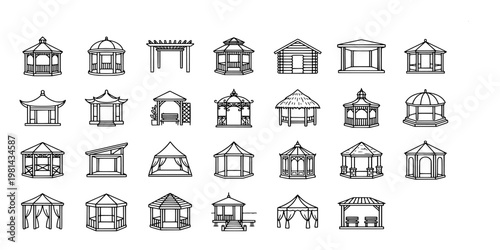 icon set collection of various wooden gazebos, garden pergolas, pavilions, and outdoor shade structures for landscape design and backyard architecture.