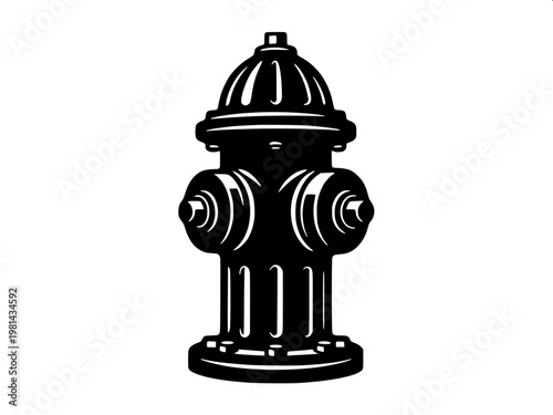 Emergency fire extinguisher sign, flat vector illustration, black silhouette with curved hose, clean minimal graphic design, white background.