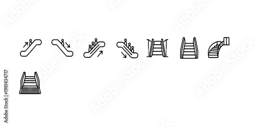 icon set collection of escalators and stairs including upward, downward, and spiral designs for interior architecture and mall navigation.