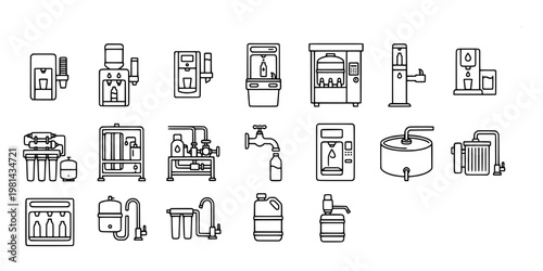 con set collection of water dispensers, filtration systems, faucets, and purification equipment for clean drinking water and household utility.