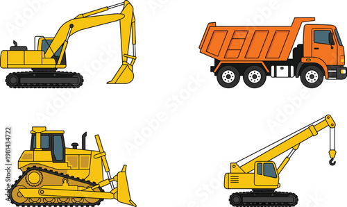 Construction machinery set illustration with excavator dump truck bulldozer and crane, heavy equipment collection for building industry and engineering work