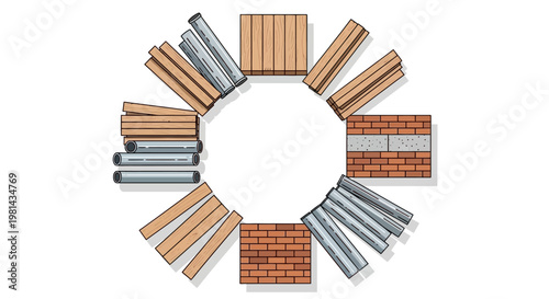 Circular Construction Materials Frame with Wood Planks, Metal Pipes, and Brick Walls for Building Industry Concepts