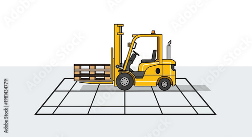 Yellow Industrial Forklift Carrying Wooden Pallet on Warehouse Grid Floor Vector Illustration