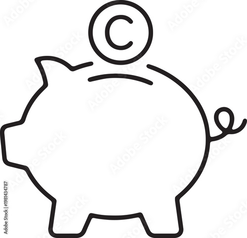 Art & Illustration, Piggy bank outline with dropping coin icon for saving.