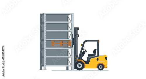 Yellow Forklift Placing Wooden Pallet on Metal Warehouse Shelving Rack Illustration Isolated on White Background