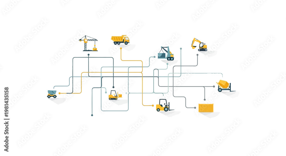Fototapeta premium Smart Logistics and Global Supply Chain Network Concept with Connected Heavy Machinery and Construction Equipment Vector Illustration