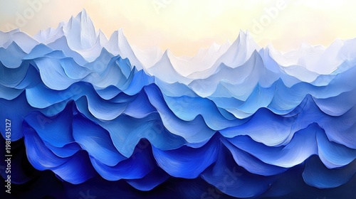 Abstract mountain landscape painting with varying shades of blue and white hues