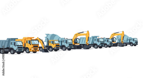 Collection of Heavy Construction Machinery and Vehicles Including Dump Trucks, Excavators, and Cement Mixers Isolated on White Background for Industrial Design Projects