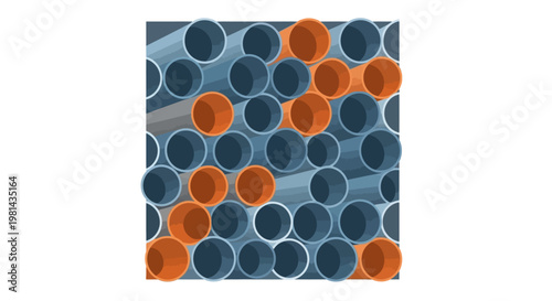 Abstract 3D Illustration of Stacked Blue and Orange Industrial PVC Pipes for Plumbing and Construction Infrastructure Background