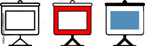 Projector Presentation Screen Icon Triptych Featuring Black Outline, Red Border, and Blue Screen Flat Design Variations for Corporate Meetings, Vector