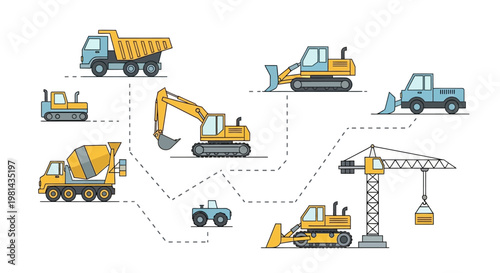 Construction Vehicles Set and Heavy Machinery Flat Vector Illustration