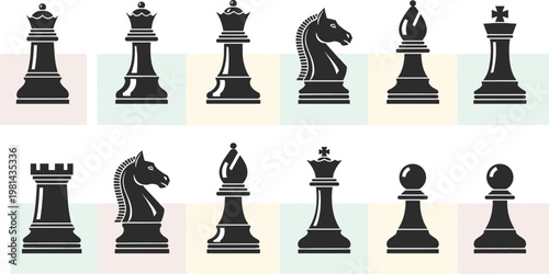 Chess pieces silhouette set, black vector icons of king queen rook bishop knight pawn, strategy board game concept illustration classic