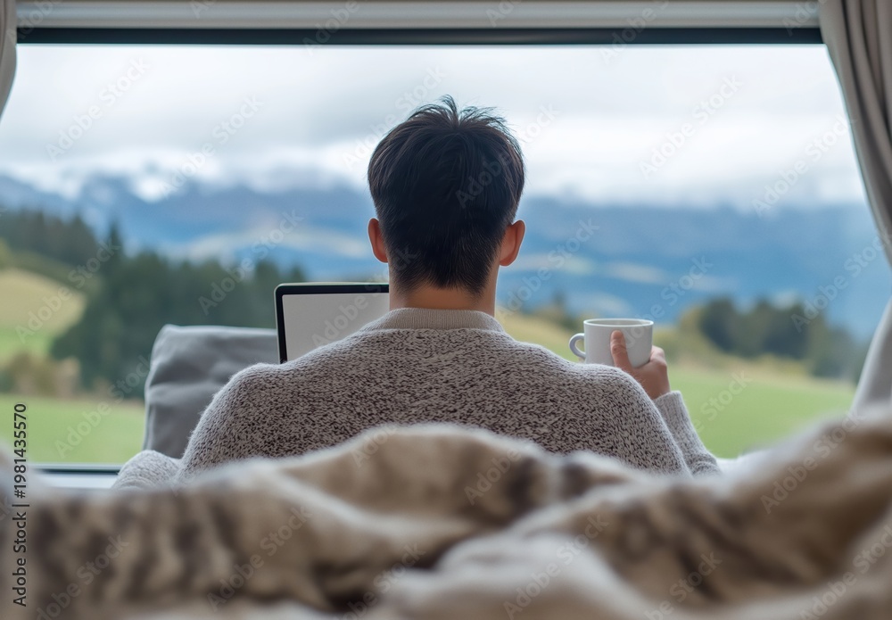 Obraz premium Man finding work-life balance, sitting with laptop and coffee, connecting with nature and global work culture