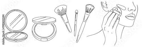 メイク道具と女性の化粚シーンの線画セット｜コンパクト・ブラシ・ミラー・コスメアイテム・美容イメージ・シンプルベクター