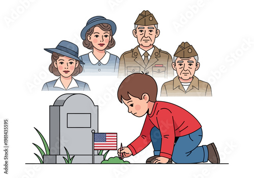 Boy placing flag on grave.
