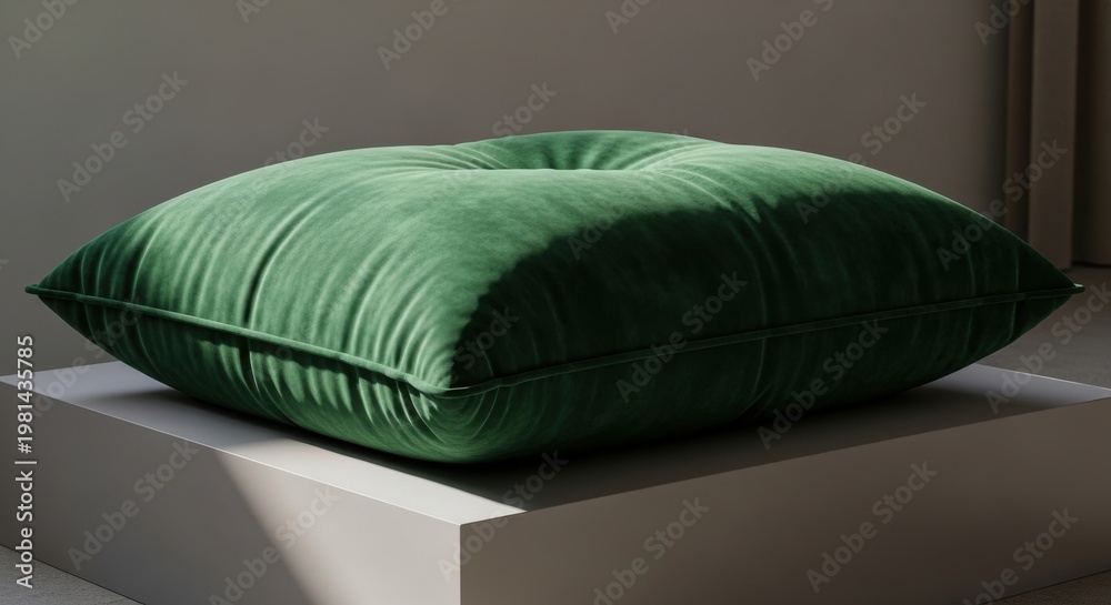 Fototapeta premium A large, emerald green velvet cushion with tufted details rests on a white surface