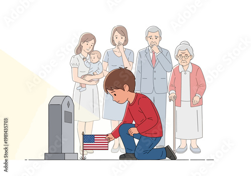 Boy placing American flag at grave.