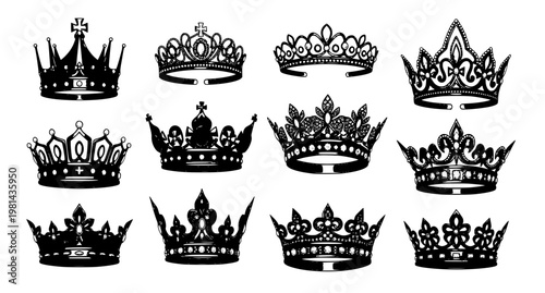 Royal luxury crown vector collection with ornate king and queen crowns symbolizing power authority and prestige