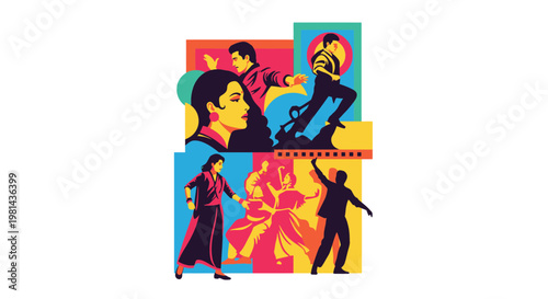 Bollywood Dance Performance Vector Illustration Featuring Vibrant Indian Cinema Characters and Traditional Musical Performance Art Style Graphic