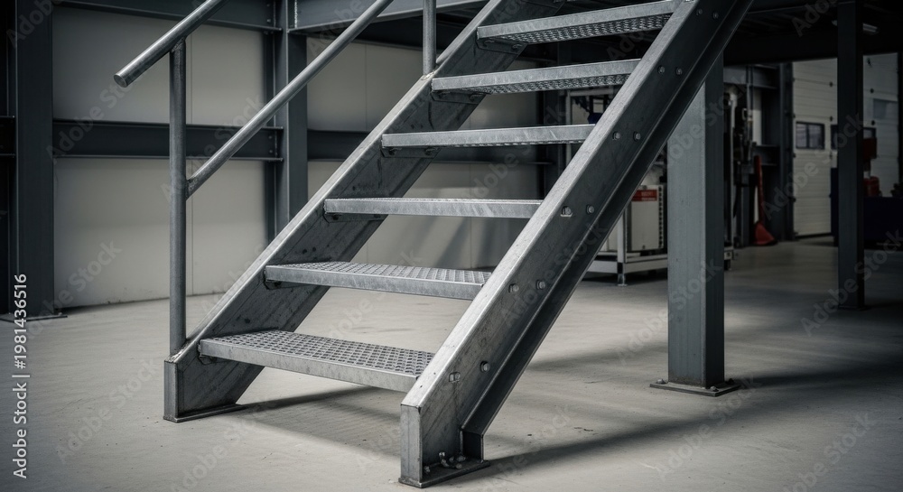 Obraz premium Industrial steel staircase with open risers and metal grating steps inside a modern building.