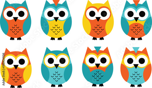 Cute Cartoon Owl Collection with Bright Colors and Simple Shapes for Kids Design, Nursery Decor, Stickers, Minimal Style, and Adorable Vector Illustration.