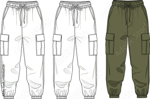 Cargo pants vector set with elastic waist drawstring pockets casual streetwear fashion illustration jogger trousers design isolated modern clothing