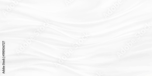 A smooth white silk and satin fabric background with soft flowing waves and liquid motion creates a textile design featuring elegant light curves and a blue-tinted material wallpaper backdrop