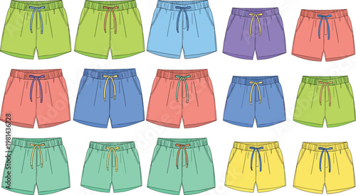 Colorful casual shorts collection for kids and adults summer clothing fashion apparel vector illustration isolated trendy design set